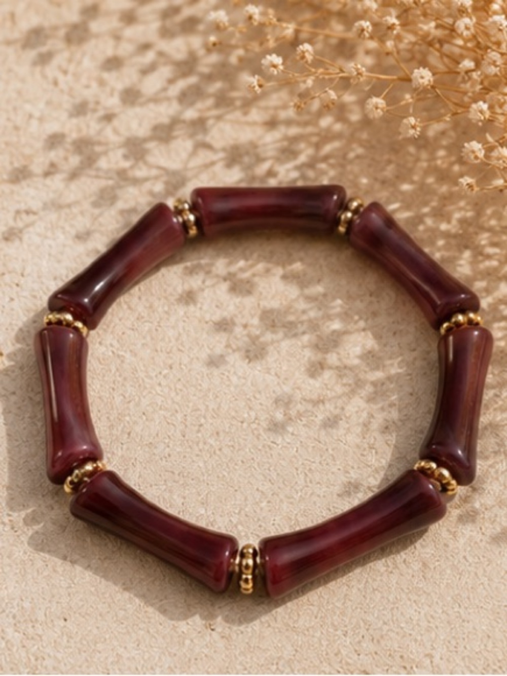 🍂 Smoked Plum Bamboo Tube Stretch Bracelet Gold Accent Boho Bracelet